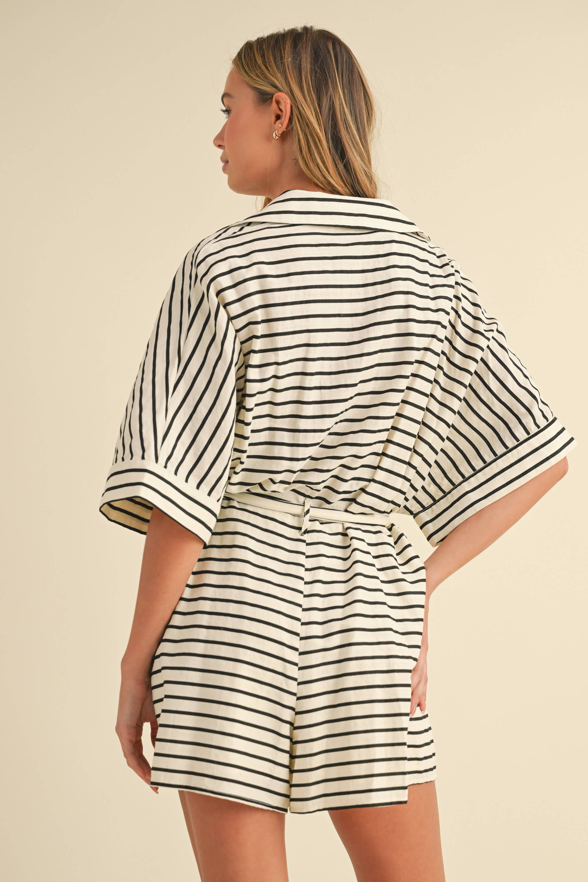 Topanga | Striped Relaxed Fit Belted Short Sleeve Romper