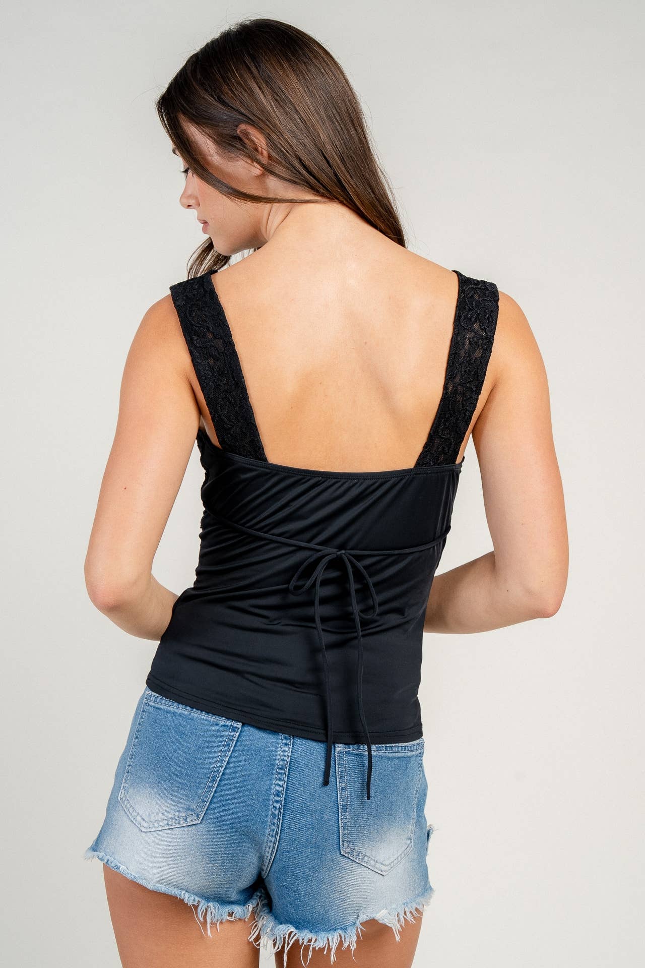 Seabrook | Lace Detail Ribbon Tie V-Neck Tank Top
