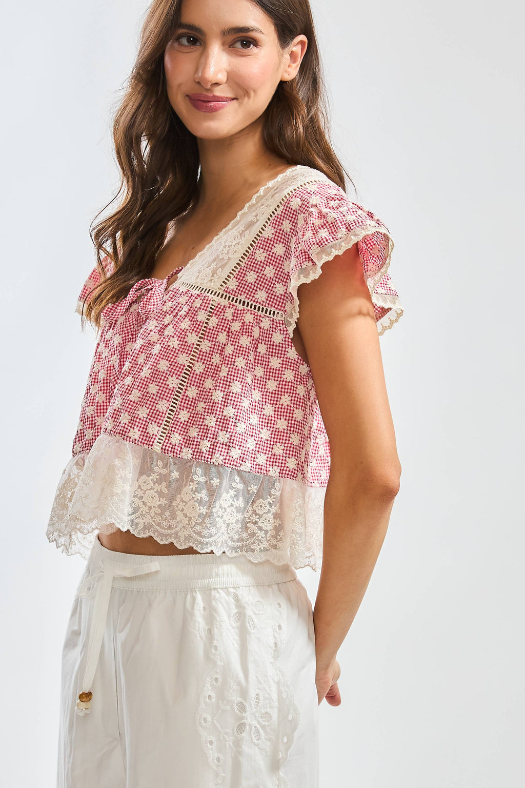 Evie | 100% Cotton Gingham Lace Trim Blouse