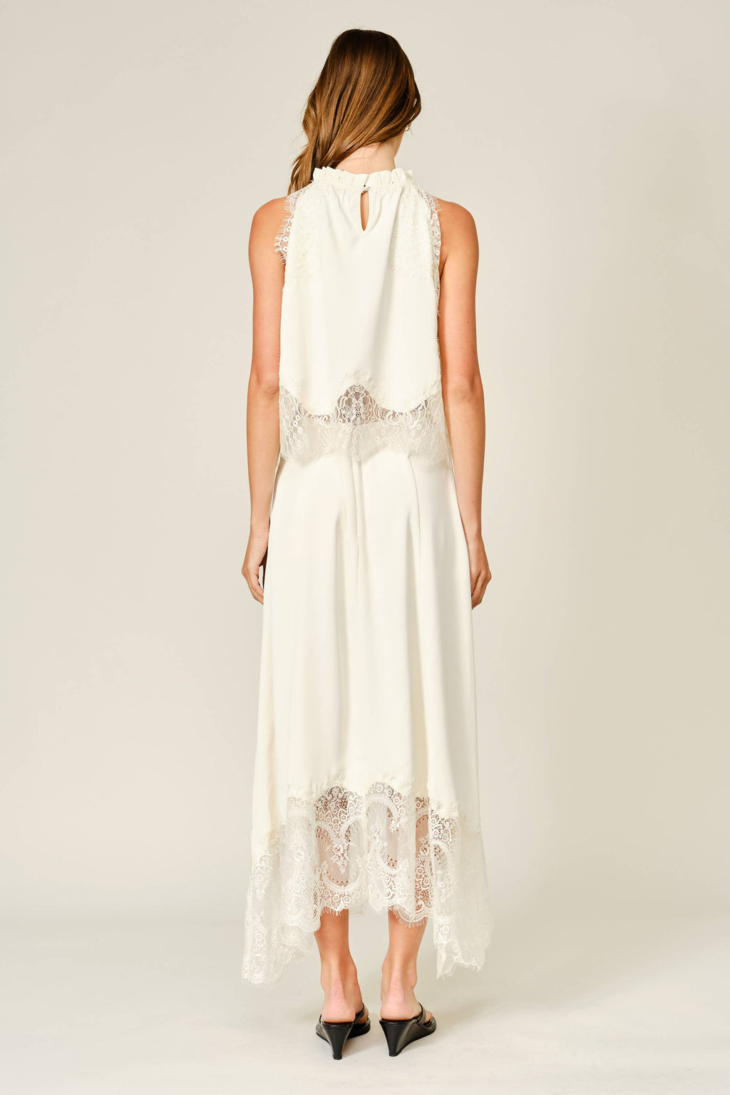 Bobby | Lace Insert Unbalance Hem Midi Skirt