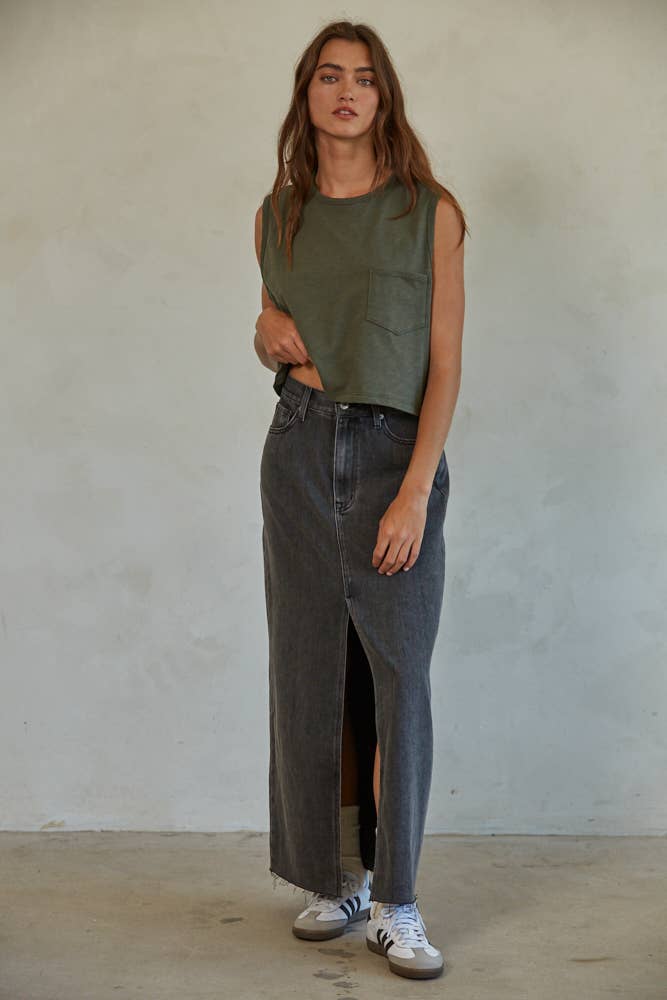 Briar | Woven Denim Washed Cut Off Midi Skirt
