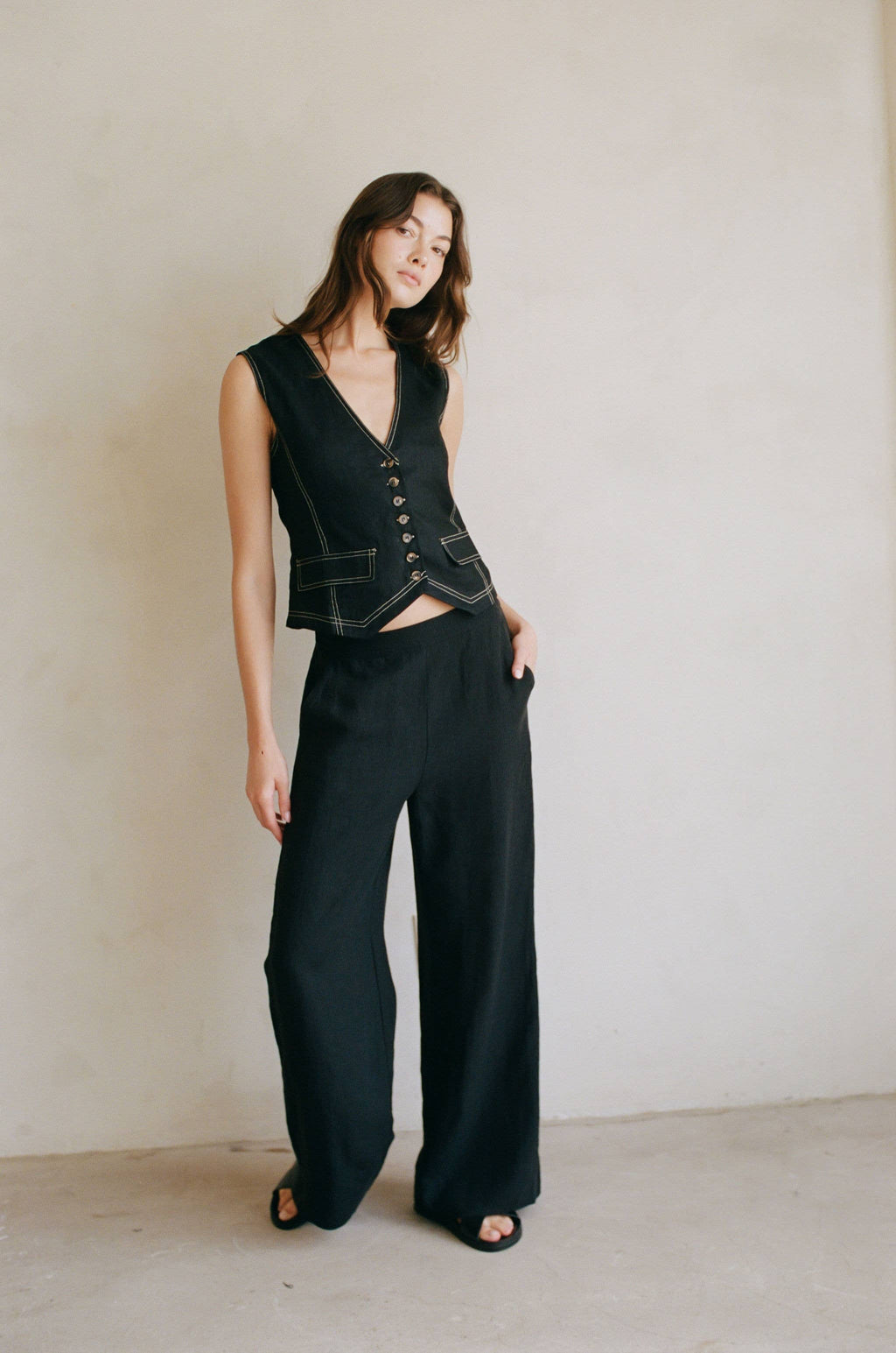 Woven 100% Linen Wide Leg Pants