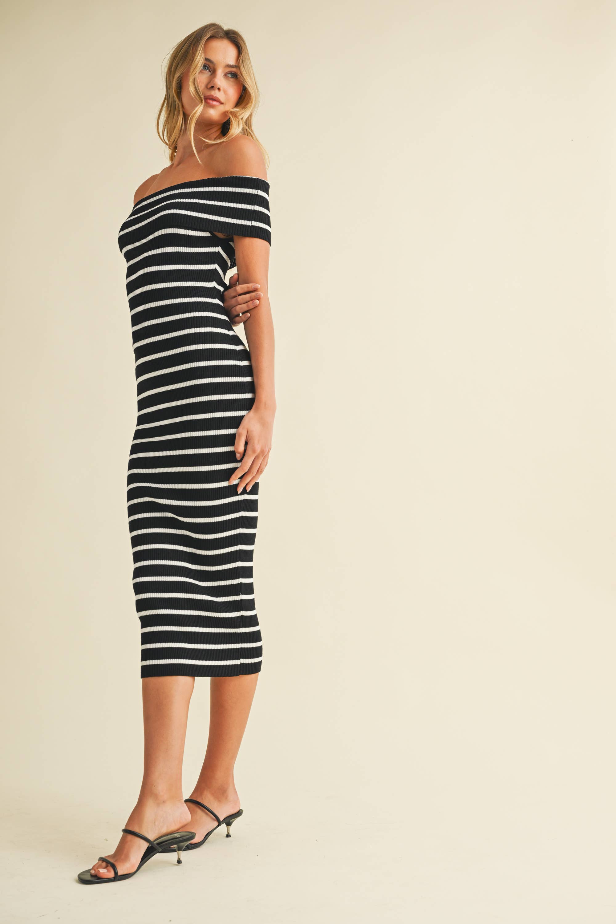 Alcott | Off Shoulder Navy Striped Sweater Midi Dress
