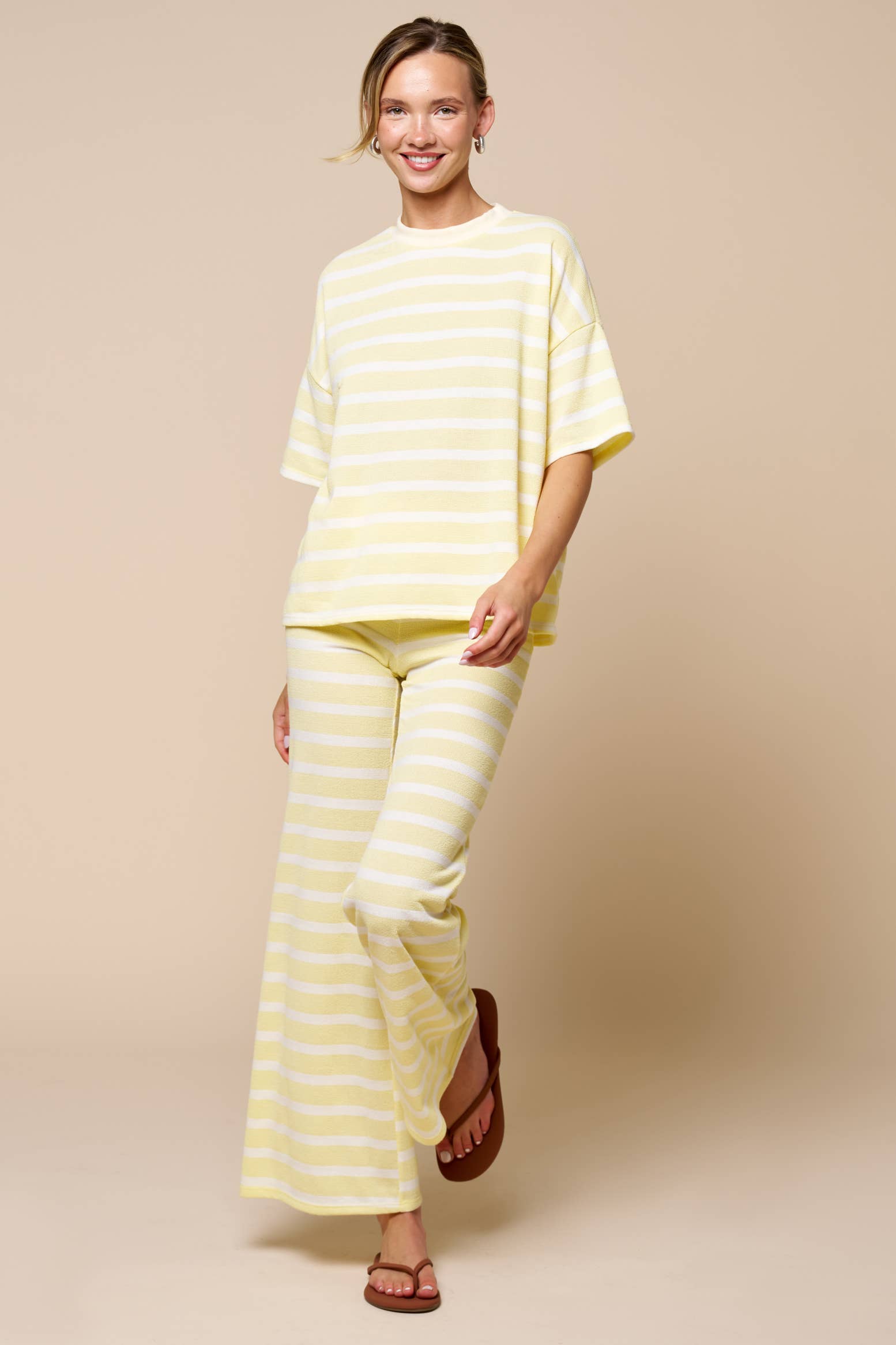 Mabel | Striped Short Sleeve Knit Top & Flare Pant Set