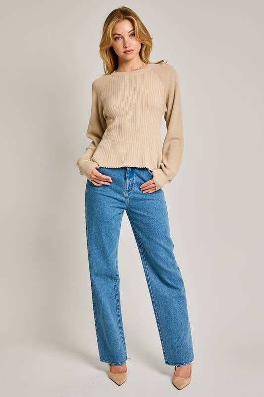 Long Sleeve Crew Neck Ribbed Open Back Sweater